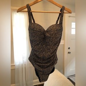 Nip Tuck Swimsuit Blue, White, & Gold Printed One Piece Multi Fit Cup Ruched